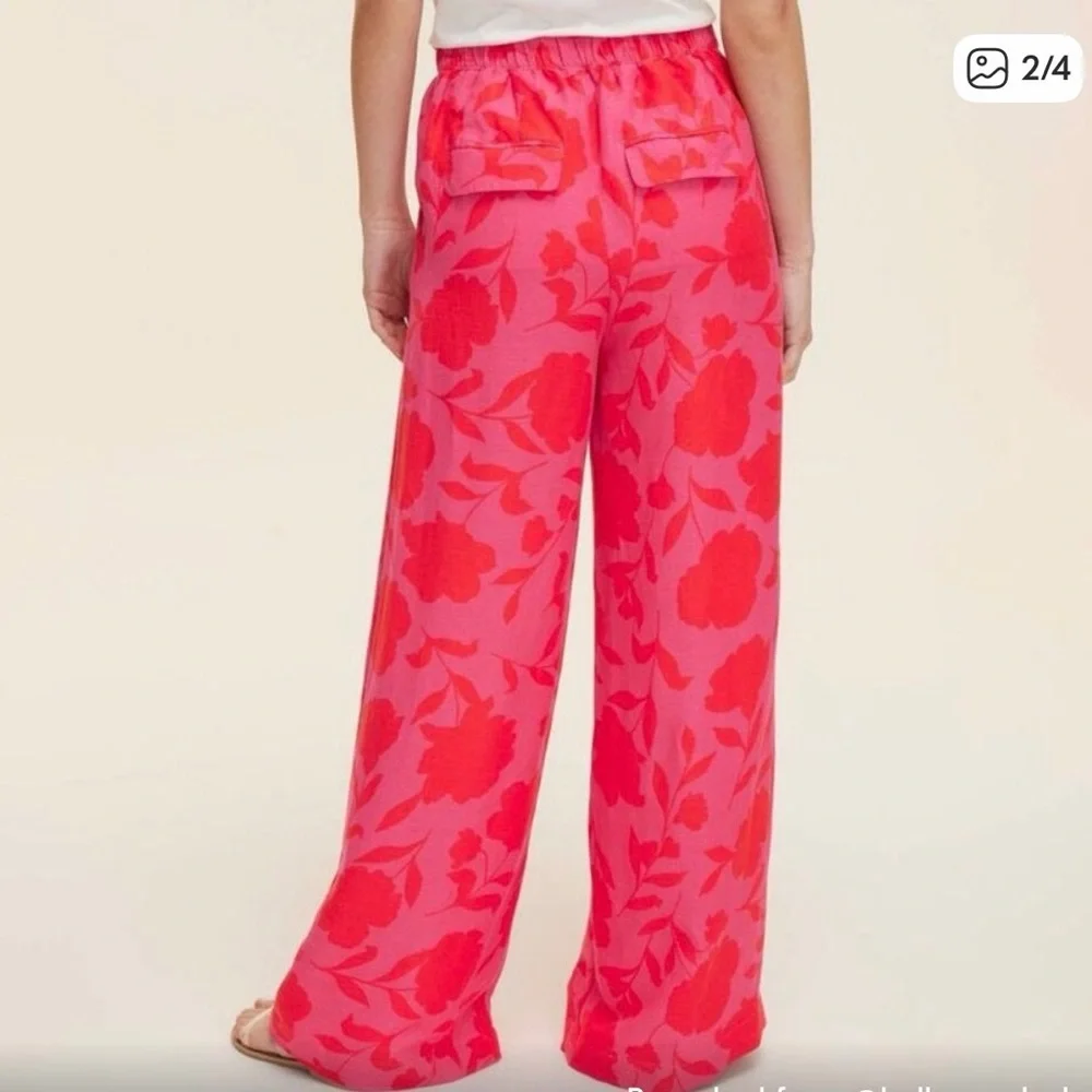 Kate Spade Classic Rose Wide-Leg Linen Floral Print Trousers Pink & Red
